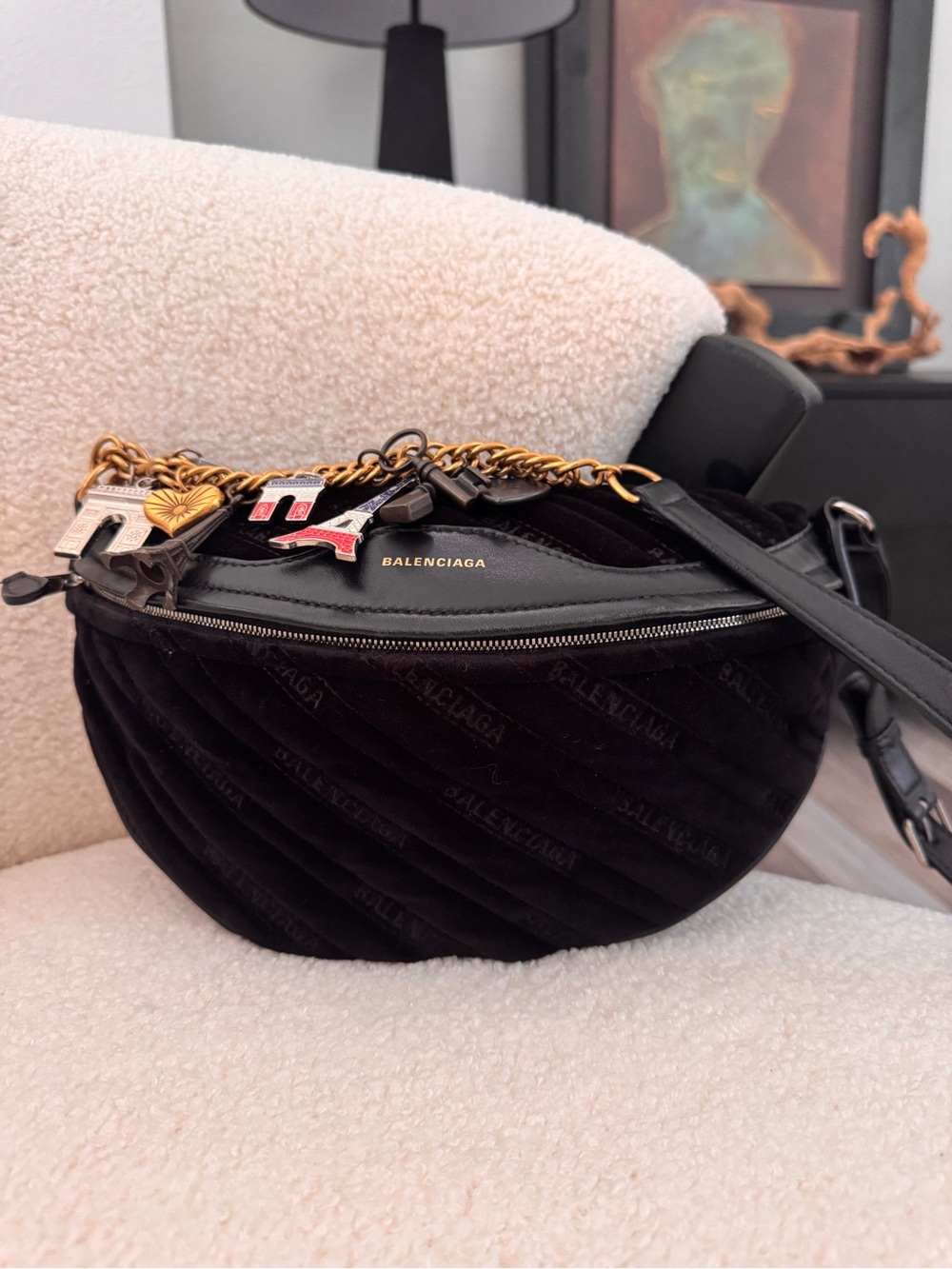 Balenciaga Black Quilted Velvet Crossbody with Gold Charm Chain